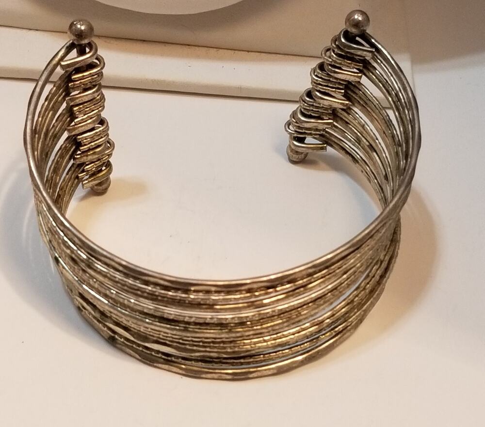 Vintage silver tone multi cuff bar bracelet two and one half inch wide